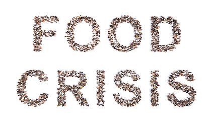 Concept or conceptual large community of people forming the FOOD CRISIS message. 3d illustration metaphor for food shortages  due to recession, war, higher oil and energy prices and drought