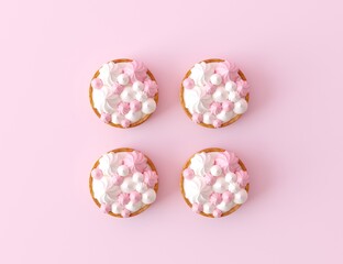 Obraz na płótnie Canvas Tasty tartlets in a row. Minimal concept wallpaper for pastry shop. Above tart with pink and white small merengues. Top view sweet tarts isolated on pastel pink background. 3d render illustration.