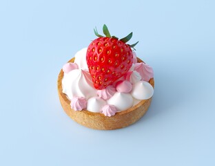 Tasty strawberry tartlet close-up. Tart with pink and white little merengues and fresh strawberry. Top view sweet berry tart isolated on pastel blue background. 3d render illustration.