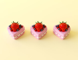 Tasty heart-shaped macaroons on the table, decorated with wild berries and white cream. Flat pastel yellow background. Above three small pink heart shape cakes. 3d render illustration.