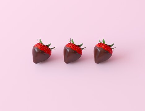 Three ripe red strawberries with melted dark chocolate flows in a row. Minimal creative concept of cooking a healthy dessert. Isolated on pastel pink background. 3d render illustration.