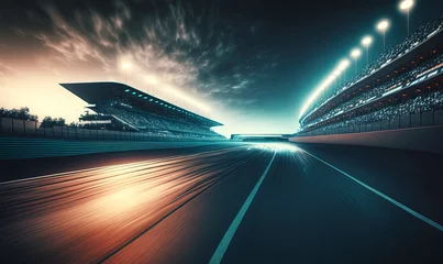 Fototapete F1 Empty racing track and crowd of people on main grandstands. Postproducted generative AI illustration.
