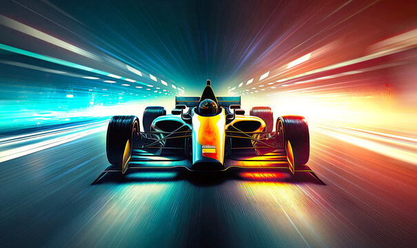 Racing formula car is riding toward finish at high speed. Postproducted generative AI illustration.