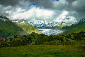 Panoramic aerial view of Aletschgletscher glacier from Moosfluh viewpoint, Swiss Alps, Europe