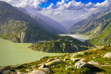 Panoramic view of the Grimselpass mountain pass, Switzerland's border with Italy. Swiss Alps, Europe