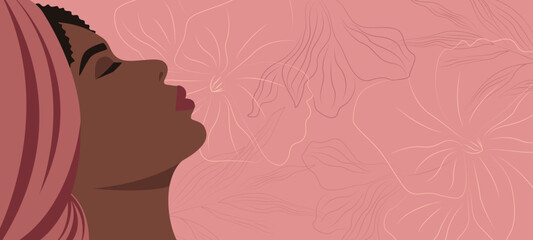 Vector banner with a dark-skinned woman on a pink background with flowers. Background for congratulatory illustration, web banner, print.