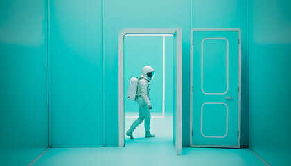 Fototapeta premium Generative AI illustration of a Creative Space-suited Man Walking Through a Door ready to space travel