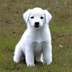 A cute little white shepherd dog puppy sitting on the grass ai Generated, generative AI, CGI graphics