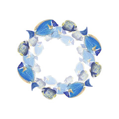 Round frame of a flock of blue fish on a white background. Watercolor illustration of tropical animals and underwater inhabitants. Suitable for postcards. invitations, zoo, aquariums.