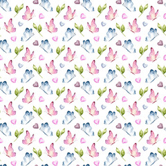 Pink and blue butterfly seamless pattern. Hand drawn watercolor illustration. Spring print for card,  fabric or wrapping. Isolated on white background