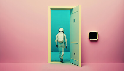 Fototapeta premium Generative AI illustration of a Creative Space-suited Man Walking Through a Door ready to space travel