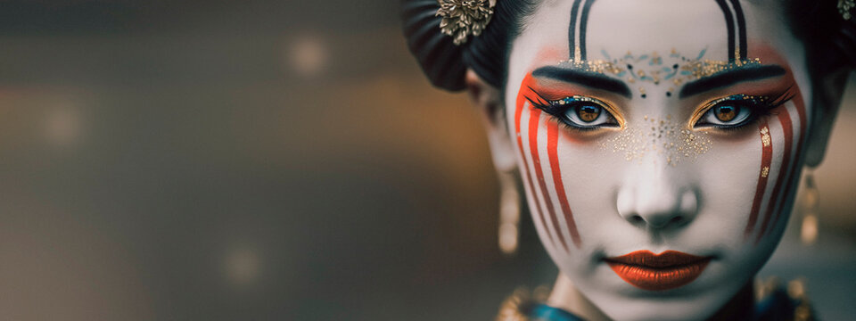 A Close-up of a Geisha's Face in Japan, Captivating Beauty, tradition, elegance and mystique, blured backgound with space to text. copy space. ai generative