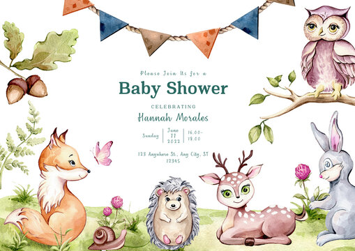 Woodland Forest Animals. Cute Little Fox, Rabbit, Bear, Hedgehog, Owl, Bear, Deer, Mushroom, Flowers, Twigs, Grass And Butterfly. Watercolor Illustration For Baby Shower Invite, Birthday