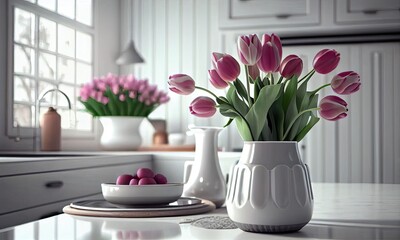 Fototapeta na wymiar Bouquet of tulips in a bright modern kitchen, generative AI
