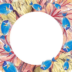 Square frame with underwater corals and blue exotic fish on a white background. Watercolor illustration of underwater plants and animals. The bottom of the oceans. Suitable for design, invitations.