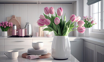 Bouquet of tulips in a bright modern kitchen, generative AI