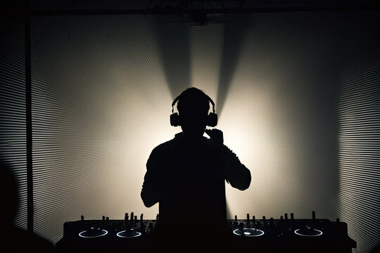 Disc jockey, dj, silhouette on a foggy illuminated background. Ai generative