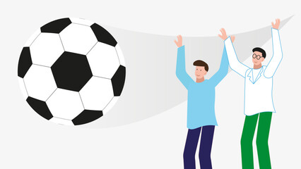 Male football fans rejoice at scoring a goal. Soccer ball close-up. Flat vector illustration