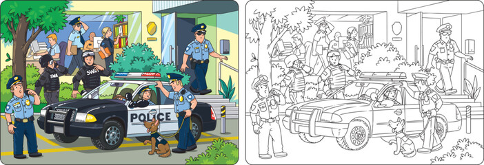 Police station, car and officers. Coloring book © passengerz