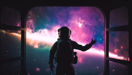 Generative AI illustration of a Creative art of Cosmic Explorer Astronaut in Spacesuit Standing front of a Spaceship Window and Watching Space Nebula 