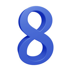 Blue number 8 in 3d rendering for math, business and education concept.