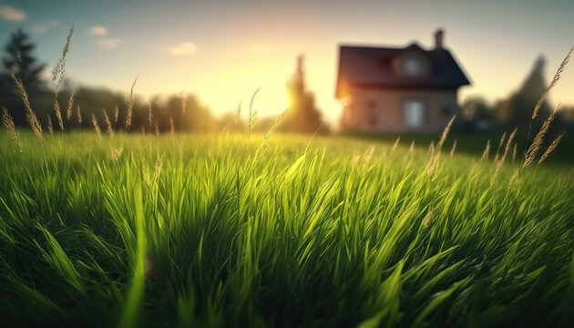 Green grass at sunset on blurred background of a house. Based on Generative AI