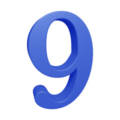 Blue number 9 in 3d rendering for math, business and education concept.