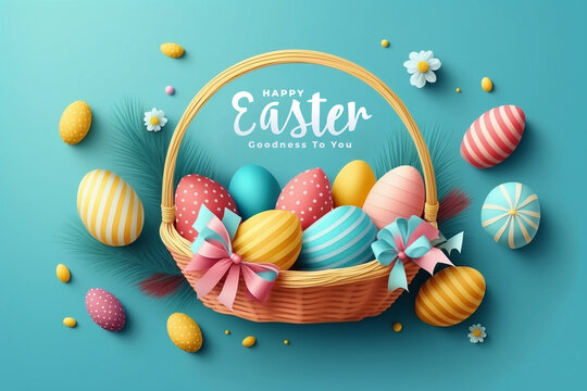 Easter poster and banner template with Easter eggs in the nest on light blue background - Generative Ai
