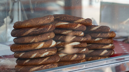 Simit. Traditional Turkish food simit. Street food of Turkey. Group of Turkish bagel is being sold in the streets in Turkey.