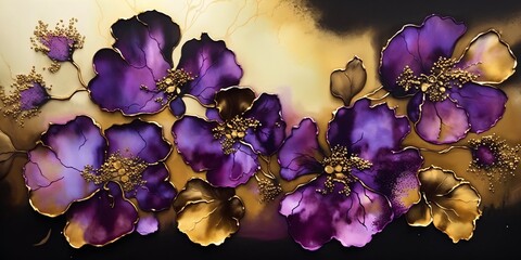 Purple and Gold Alcohol Ink Painting: A Majestic Blend. Generative AI.