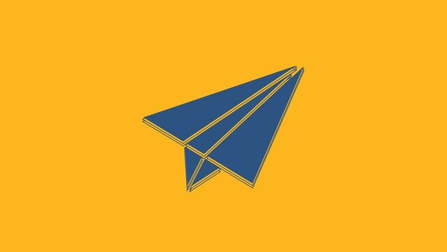 Blue Paper airplane icon isolated on orange background. 4K Video motion graphic animation