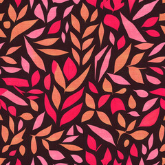 Foliage - a pattern of pink and orange leaves on a black background
