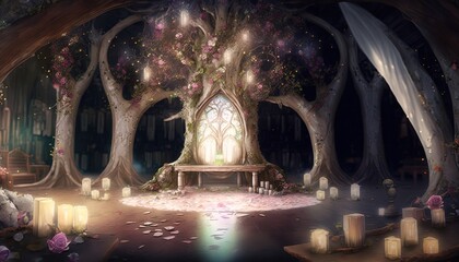 Ancient fairytale elven throne at tree of life, idea for fairytale fantasy theme concept, Generative Ai