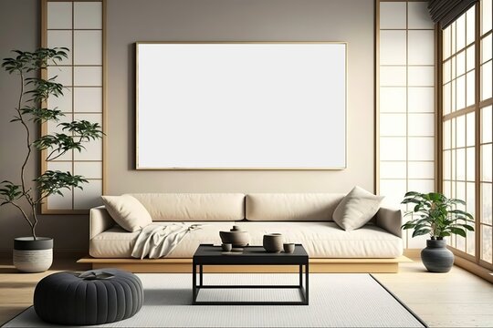 Poster frame mockup on modern minimalist japanese style interior, Generative AI