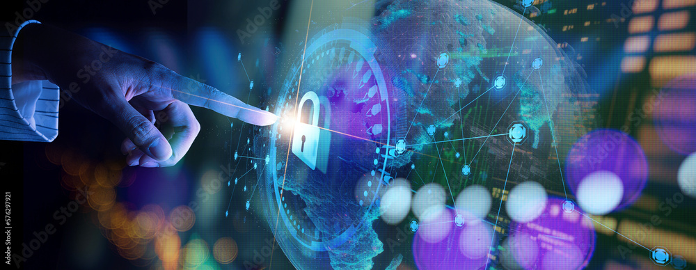 Poster Network security system concept,Businessman using tablet and set up network connection with shield guard to protected from cyber attacks.