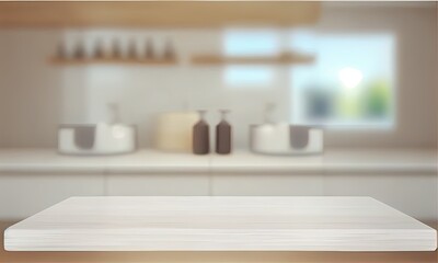 An empty countertop for displaying goods on a blurry background of the bathroom interior, generative AI