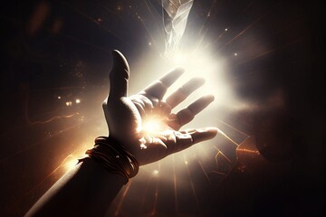Divine hand reaching out through the light, magical atmosphere
