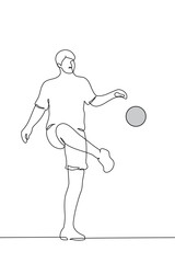 full length man with leg raised to kick a ball flying in the air - one line drawing vector. concept soccer players training or soccer player on match