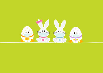 Weiße Osterhasen Mädchen & Junge & 2 Ostereier Maske Karte Grün