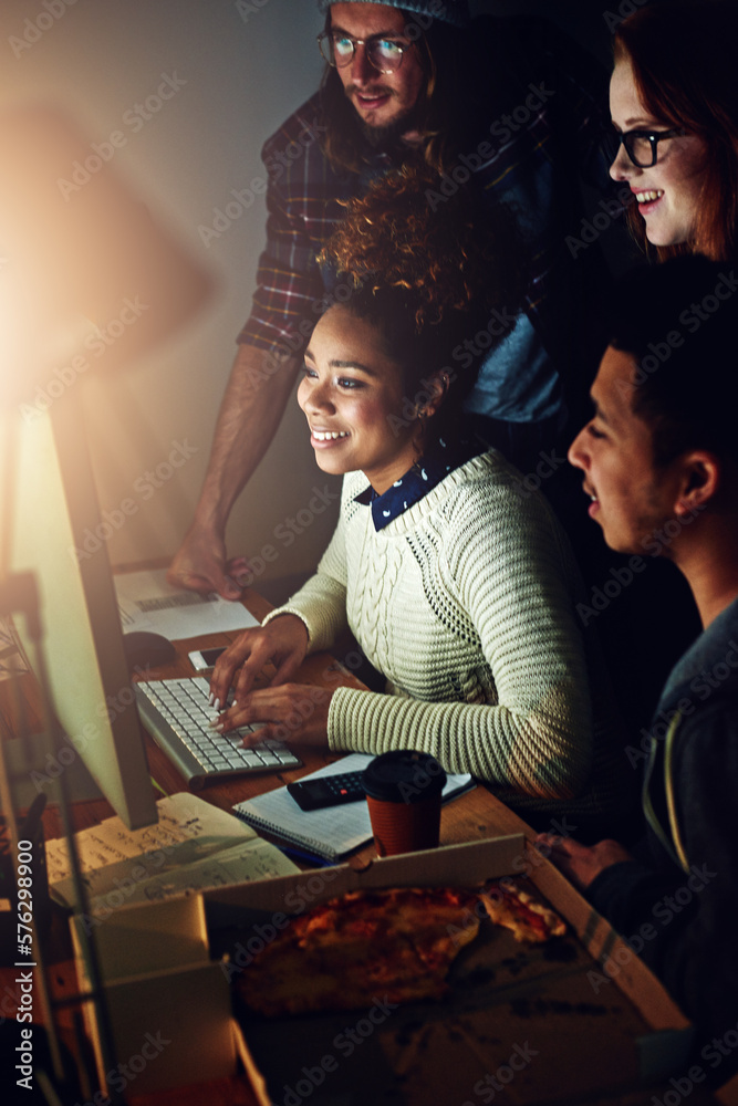 Poster Startup business, computer and team reading web design code, cloud computing software or app UI system on dark night. Website SEO, social media content review or happy people teamwork on UX interface