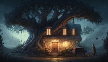 Halloween background with haunted house and old tree. Generative AI