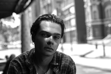 Relaxed dark haired guy posing on blurred city background