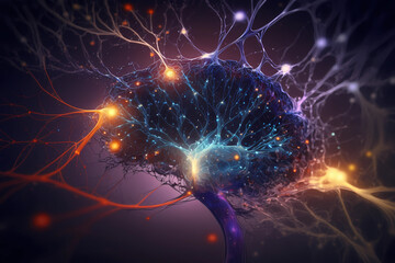 Neural network with electrical activity of neural cells. Neurobiology, neurology, psychology, nervous system and impulses, brain activity, concepts of microbiology. Generative AI