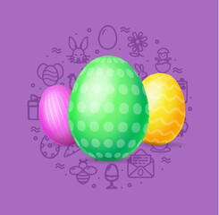Happy Easter Concept with Realistic Detailed 3d Painted Eggs and Thin Line Icons. Vector illustration of Egg