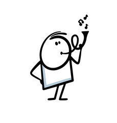 The vector character stickman plays a loud melody on the trumpet.