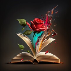AI generated illustration of an open book with a rose. Book day. Watercolor style in AI