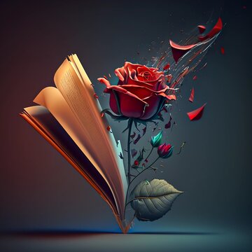AI generated illustration of an open book with a rose, AI. Catalonia book day. Sant jordi