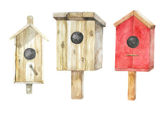 Set of colourful birdhouses, wooden birdhouses