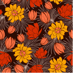 Original seamless tropical pattern with bright plants and leaves on a brown background. Seamless exotic pattern with tropical plants. Exotic wallpaper. Summer colorful hawaiian seamless.