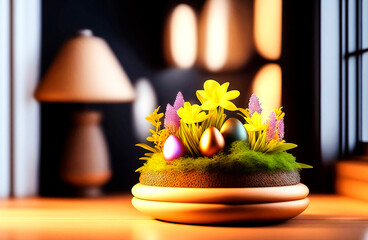 A bright yellow Easter egg nestled amongst a fresh flowering plant and illuminated indoors, creating a festive decoration, made with generative ai